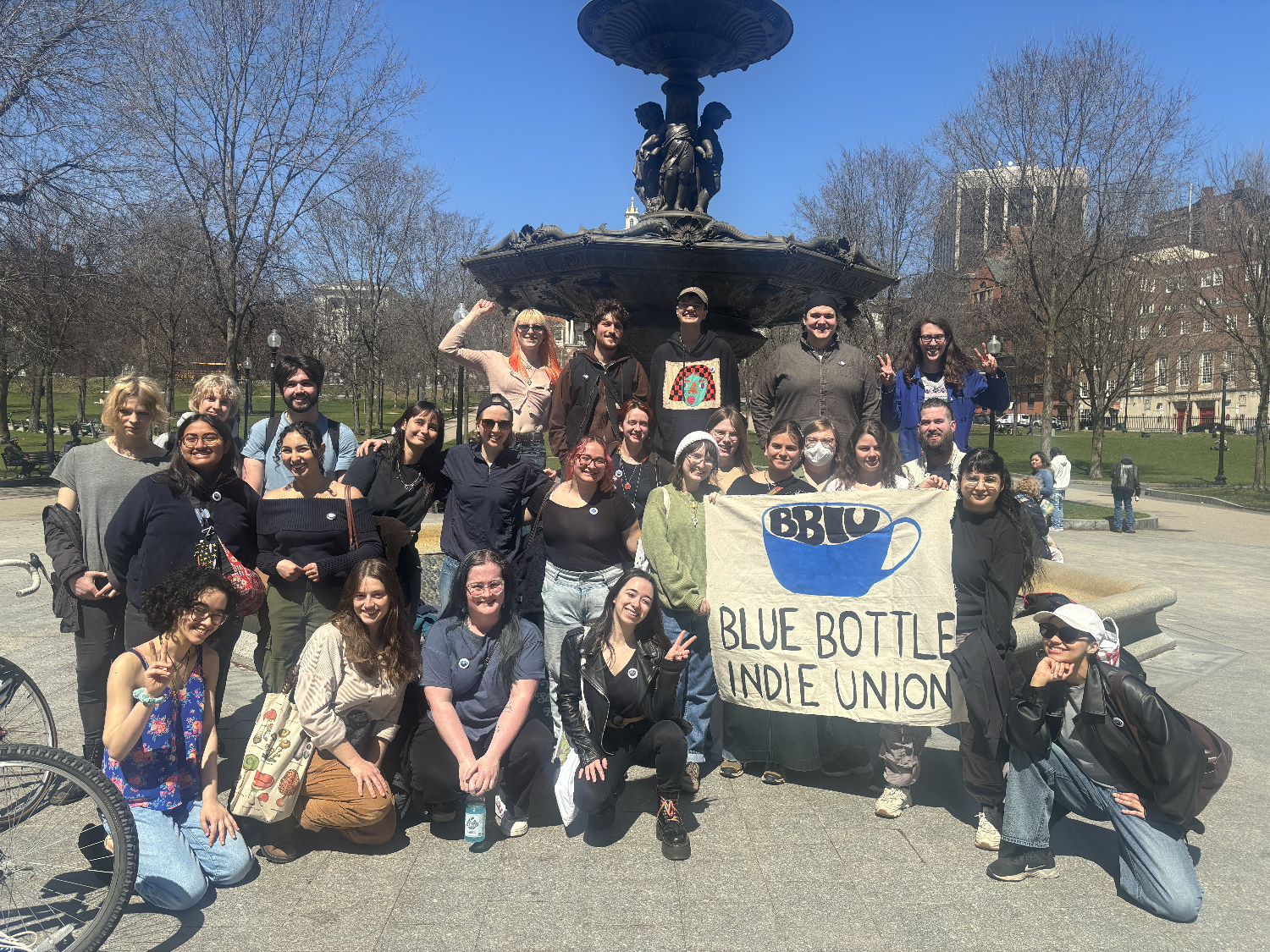 Group of Blue Bottle Independent Union stand together in Boston