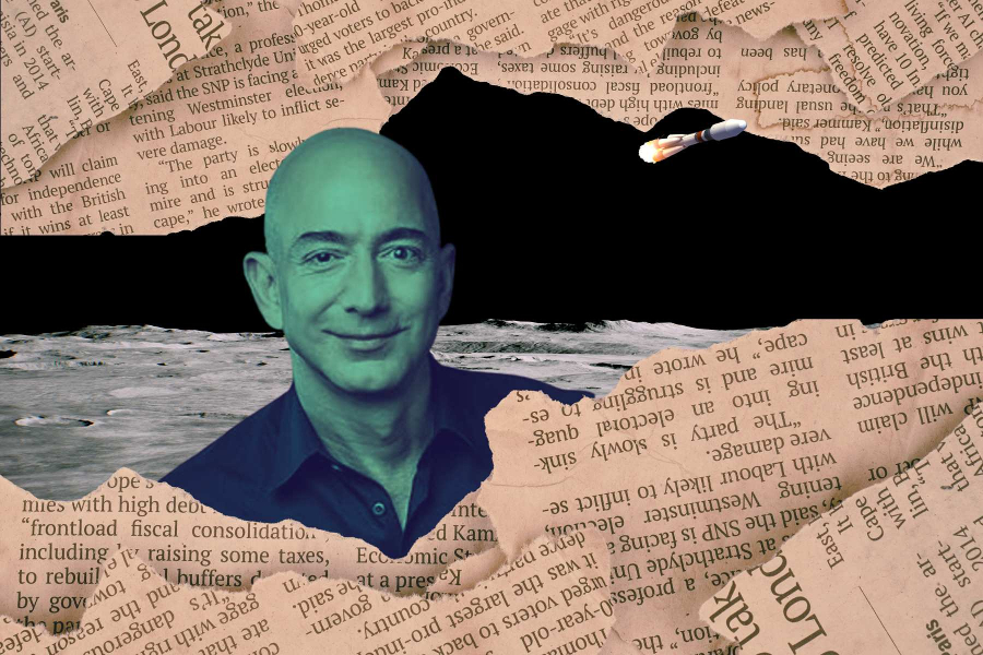 photo collage of Jeff Bezos in space, bordered by images of torn newspapers