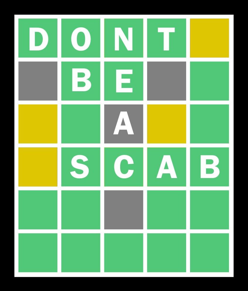 wordle puzzle that spells out "don't be a scab"